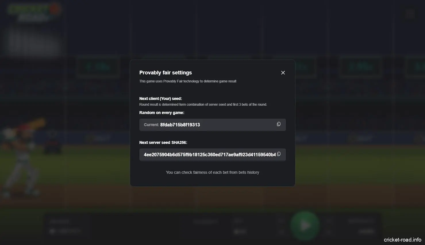 Cricket Road fair play verification screen